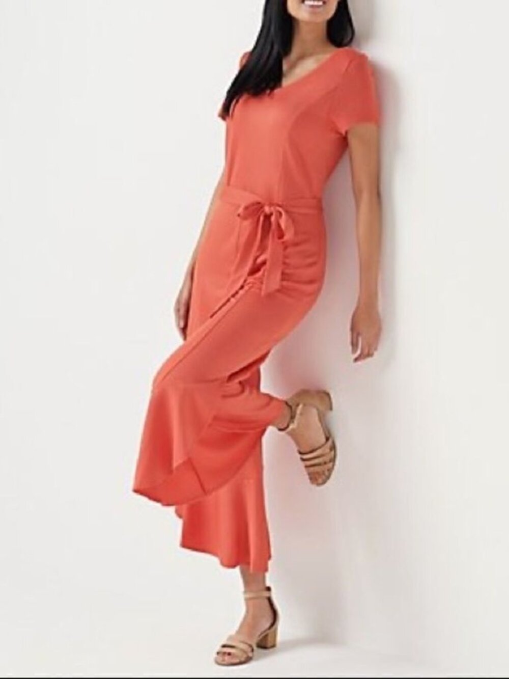 Isaac Mizrahi Tie-Waist Knit with Ruffle Jumpsuit